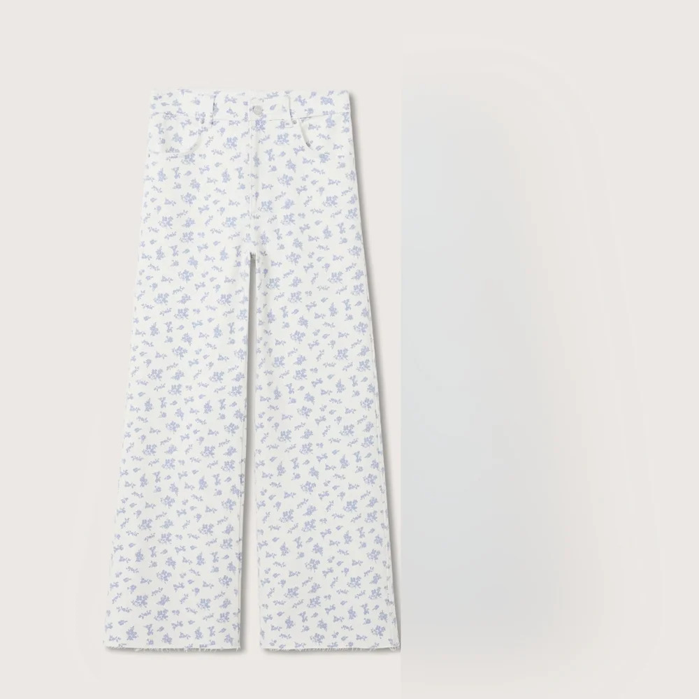 Wide-Leg Floral Print Jeans - White with Blue Floral - Picture 9 of 9